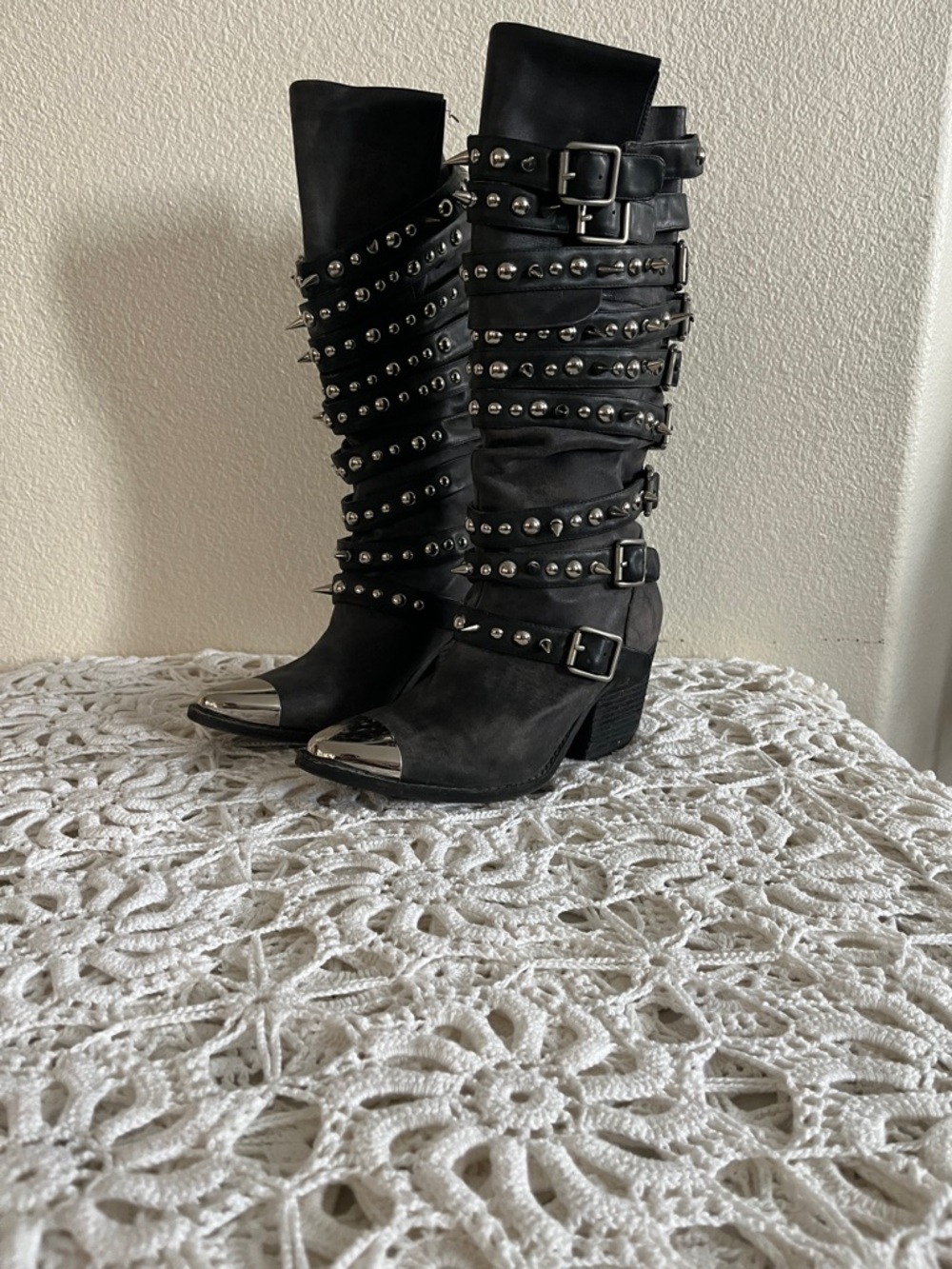 Jeffrey Campbell Leather Kravitz Black Studded Moto Boots with Silver Toe Caps